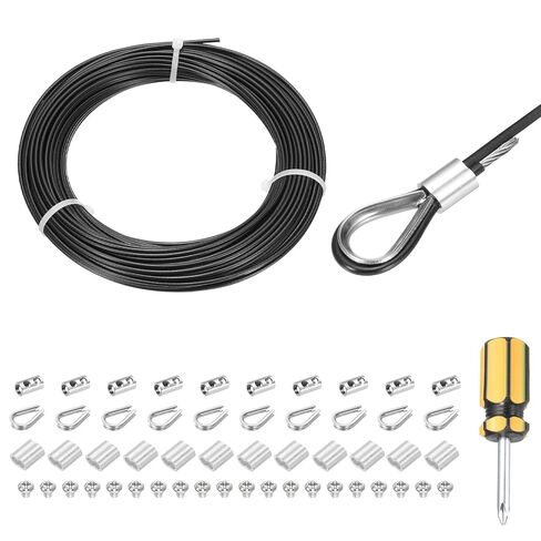 MECCANIXITY 1Set 98ft Wire Rope 304 Stainless Steel Cable, 3/32" 2mm Vinyl Coated with Cable Clamp, Aluminum Sleeves and Thimble for Railing, Decking, Hanging, Clothes Lines, White 30m in Kuwait