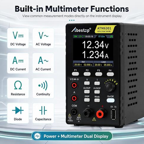 مصدر طاقة تيار مستمر Abestop ATM6301 60V 10A 300W قائمة دعم مصدر الطاقة المتغير إخراج تحرير الموجي مع 4 1/2 أرقام متعددة، اختبار الجهد الحالي 2 في 1 وظيفة in Kuwait