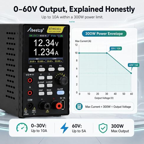 مصدر طاقة تيار مستمر Abestop ATM6301 60V 10A 300W قائمة دعم مصدر الطاقة المتغير إخراج تحرير الموجي مع 4 1/2 أرقام متعددة، اختبار الجهد الحالي 2 في 1 وظيفة in Kuwait