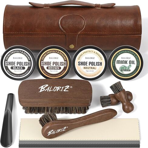 Shoe Polish Kit For Men - 13Pcs Leather Shoe Shine Kit with Shoe Polish, Mink Oil, Horsehair Brush Kit for Leather Boot Shoe Care Kit Christmas Birthday Gifts in Kuwait