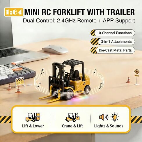 لعبة رافعة شوكية 1/64 RC، رافعة شوكية صغيرة للتحكم عن بعد والتحكم في تطبيق الهاتف، شوكة وخطاف رفع قابلة للتحويل 2 في 1، مركبات بناء RC من سبيكة 10CH مع أضواء وأصوات، لعبة هدية للمراهقين والبالغين in Kuwait