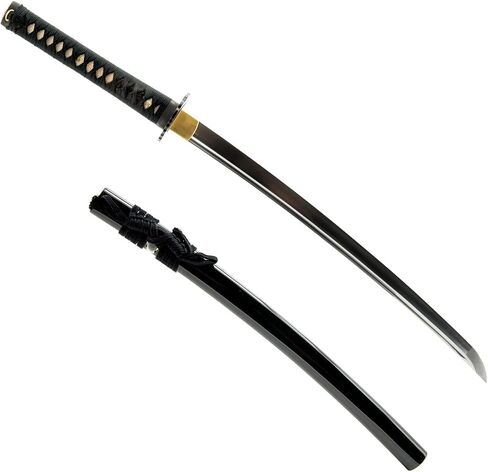 HMS Samurai Wakizashi Sword, Functional, Hand Forged, 1045 Carbon Steel, Heat Tempered, Full Tang, Sharp, Warrior Tsuba, Black Wooden Scabbard in Kuwait
