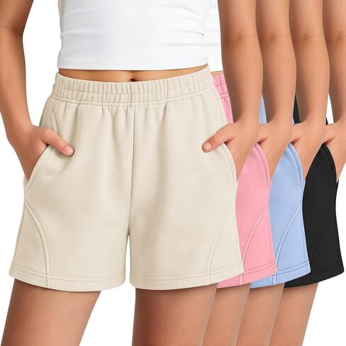 Halfchet 4 Pack Girls Athletic Shorts Teens Tween Casual Elastic Waist Summer Sweat Shorts with Pockets for Kids 5-14 Years in Kuwait