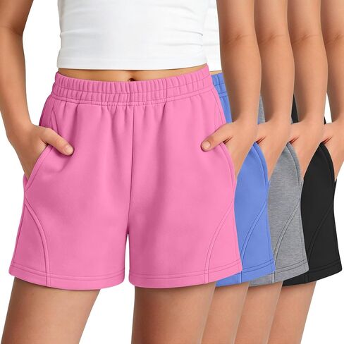 Halfchet 4 Pack Girls Athletic Shorts Teens Tween Casual Elastic Waist Summer Sweat Shorts with Pockets for Kids 5-14 Years in Kuwait