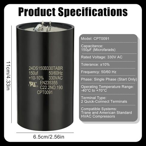 CPT0091 مكثف البدء 135-162 μF 330V - متوافق مع Trane & American Standard HVAC - استبدال مكثف بدء تشغيل المحرك الدائري لـ CPT00091، CPT0091A، CPT0091B in Kuwait