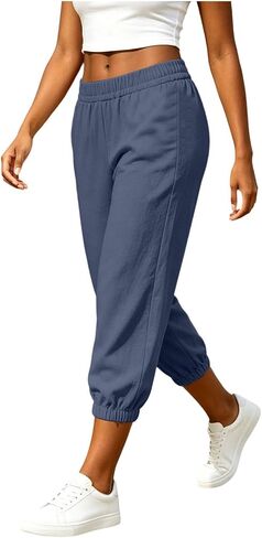 Women's High Waisted Capri Joggers Elastic Waist Casual Cropped Sweatpants Lightweight Lounge Pants Summer in Kuwait