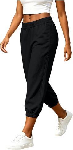 Women's High Waisted Capri Joggers Elastic Waist Casual Cropped Sweatpants Lightweight Lounge Pants Summer in Kuwait