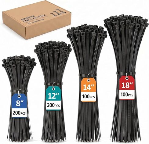 600 Pack Heavy Duty Black Zip Ties Assorted Sizes, 8+12+14+18 Inch Cable Ties, 220LBS Ultra Strong Tensile Strength, Multipurpose Use for Outdoor Use in Saudi Arabia
