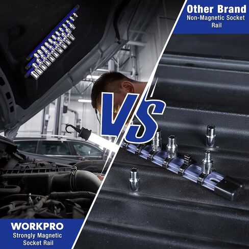 WORKPRO Magnetic Socket Organizer, 3/8-Inch Drive Aluminum Alloy Socket Rail, Heavy Duty Socket Holder, Socket Rack Kit 3/8-Inch x 10 Clips (Blue) in Saudi Arabia