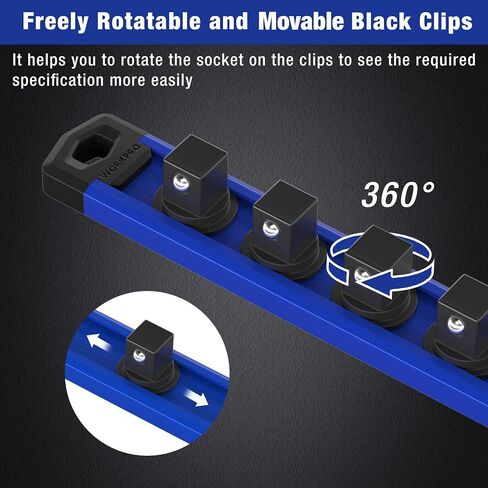 WORKPRO Magnetic Socket Organizer, 3/8-Inch Drive Aluminum Alloy Socket Rail, Heavy Duty Socket Holder, Socket Rack Kit 3/8-Inch x 10 Clips (Blue) in Saudi Arabia