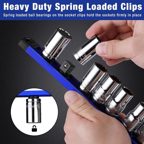 WORKPRO Magnetic Socket Organizer, 3/8-Inch Drive Aluminum Alloy Socket Rail, Heavy Duty Socket Holder, Socket Rack Kit 3/8-Inch x 10 Clips (Blue) in Saudi Arabia