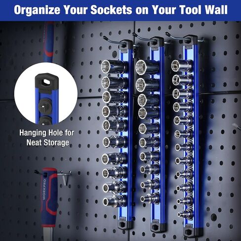 WORKPRO Magnetic Socket Organizer, 3/8-Inch Drive Aluminum Alloy Socket Rail, Heavy Duty Socket Holder, Socket Rack Kit 3/8-Inch x 10 Clips (Blue) in Saudi Arabia