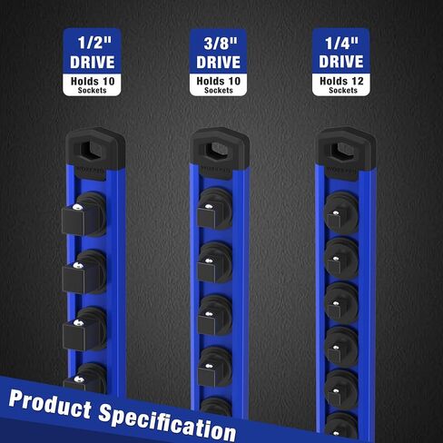 WORKPRO Magnetic Socket Organizer, 3/8-Inch Drive Aluminum Alloy Socket Rail, Heavy Duty Socket Holder, Socket Rack Kit 3/8-Inch x 10 Clips (Blue) in Saudi Arabia