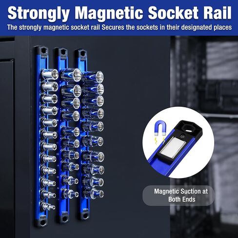 WORKPRO Magnetic Socket Organizer, 3/8-Inch Drive Aluminum Alloy Socket Rail, Heavy Duty Socket Holder, Socket Rack Kit 3/8-Inch x 10 Clips (Blue) in Saudi Arabia