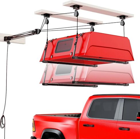 Truck Cap Hoist System for Garage Ceiling 250 lb, Smart 4-Point Self-Leveling Garage Hoist with 8:1 Pulley Lift System, Easy One-Person Overhead Garage Storage Lift for Truck Topper Rack in Kuwait