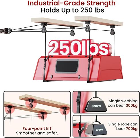 Truck Cap Hoist System for Garage Ceiling 250 lb, Smart 4-Point Self-Leveling Garage Hoist with 8:1 Pulley Lift System, Easy One-Person Overhead Garage Storage Lift for Truck Topper Rack in Kuwait