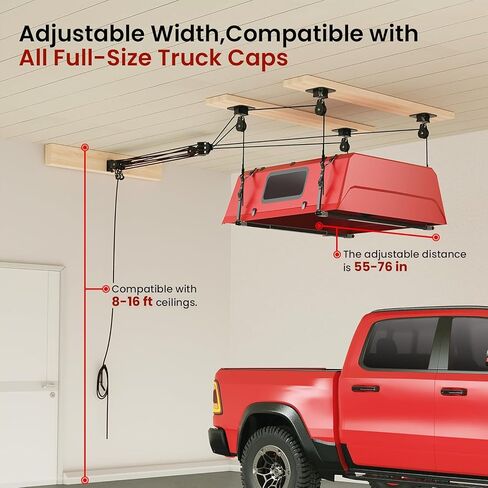Truck Cap Hoist System for Garage Ceiling 250 lb, Smart 4-Point Self-Leveling Garage Hoist with 8:1 Pulley Lift System, Easy One-Person Overhead Garage Storage Lift for Truck Topper Rack in Kuwait