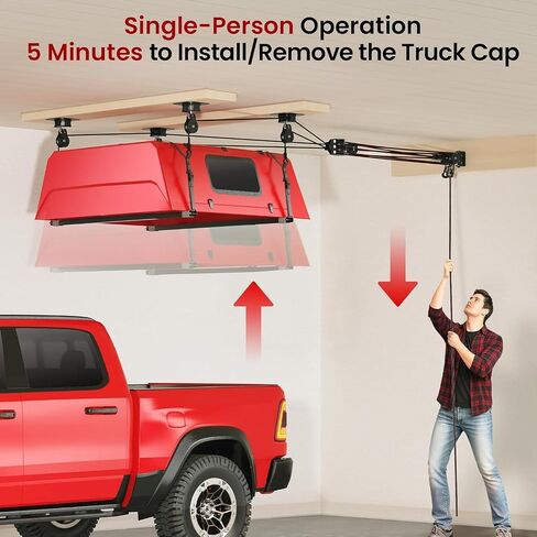 Truck Cap Hoist System for Garage Ceiling 250 lb, Smart 4-Point Self-Leveling Garage Hoist with 8:1 Pulley Lift System, Easy One-Person Overhead Garage Storage Lift for Truck Topper Rack in Kuwait