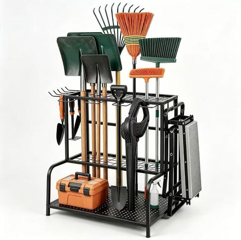 3 Tier Garden Tool Organizer, Yard Tool Tower Rack for Garage Organization and Storage, Metal Yard Tools Storage up to 55+ Tools, Heavy Duty Steel Garden Tool Stand for Shed, Outdoor, Black in Kuwait