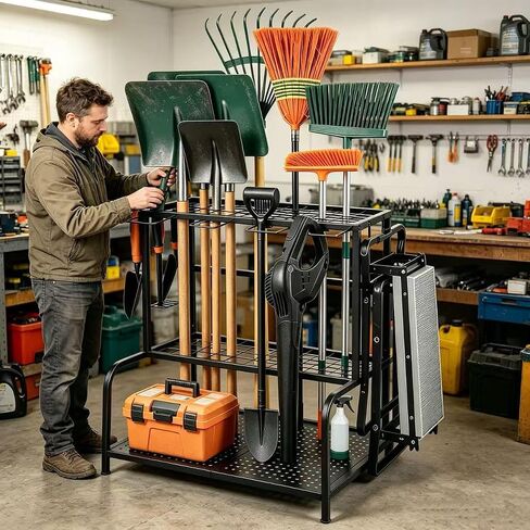 3 Tier Garden Tool Organizer, Yard Tool Tower Rack for Garage Organization and Storage, Metal Yard Tools Storage up to 55+ Tools, Heavy Duty Steel Garden Tool Stand for Shed, Outdoor, Black in Kuwait
