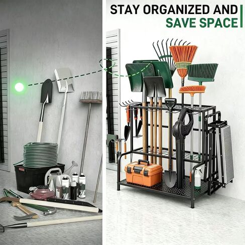 3 Tier Garden Tool Organizer, Yard Tool Tower Rack for Garage Organization and Storage, Metal Yard Tools Storage up to 55+ Tools, Heavy Duty Steel Garden Tool Stand for Shed, Outdoor, Black in Kuwait