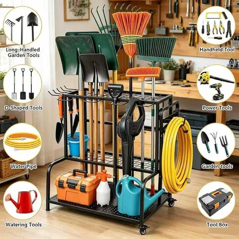 3 Tier Garden Tool Organizer, Yard Tool Tower Rack for Garage Organization and Storage, Metal Yard Tools Storage up to 55+ Tools, Heavy Duty Steel Garden Tool Stand for Shed, Outdoor, Black in Kuwait