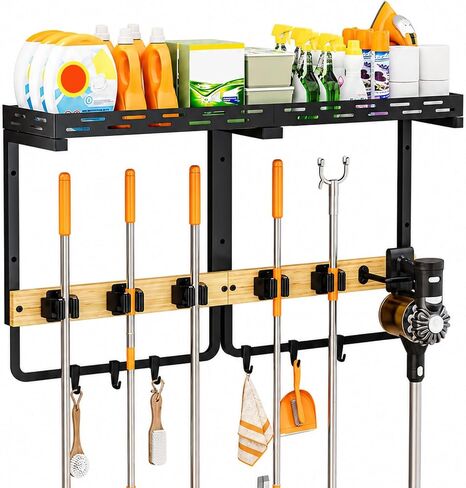 Large Broom Holder Wall Mount with Shelf, Mop Tool Organizer | 5 grippers, 6 hooks, vacuum slot, bamboo board, spray bottle tray, garage utility use in Kuwait