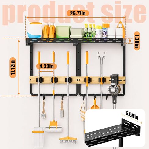 Large Broom Holder Wall Mount with Shelf, Mop Tool Organizer | 5 grippers, 6 hooks, vacuum slot, bamboo board, spray bottle tray, garage utility use in Kuwait