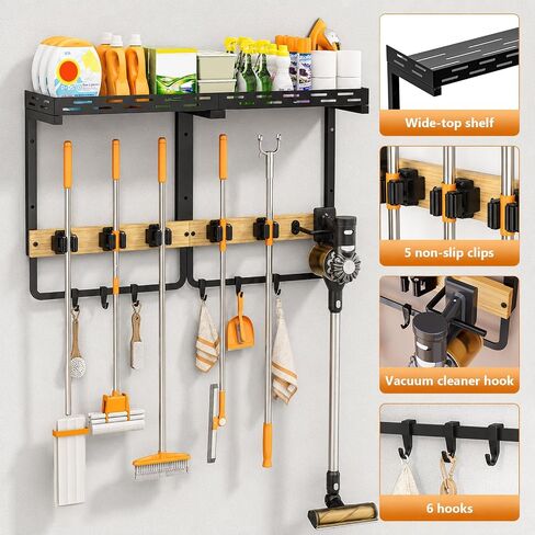 Large Broom Holder Wall Mount with Shelf, Mop Tool Organizer | 5 grippers, 6 hooks, vacuum slot, bamboo board, spray bottle tray, garage utility use in Kuwait
