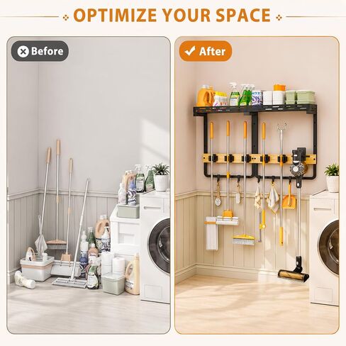 Large Broom Holder Wall Mount with Shelf, Mop Tool Organizer | 5 grippers, 6 hooks, vacuum slot, bamboo board, spray bottle tray, garage utility use in Kuwait