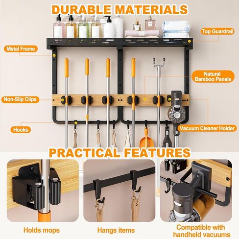 Large Broom Holder Wall Mount with Shelf, Mop Tool Organizer | 5 grippers, 6 hooks, vacuum slot, bamboo board, spray bottle tray, garage utility use in Kuwait