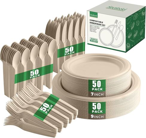 250 Piece Biodegradable Paper Plates Set Disposable Dinnerware Set, Eco Friendly Compostable (EXTRA LONG UTENSILS), Utensil include, Forks, Knives and Spoons for Party andBirthday party, camping in Kuwait