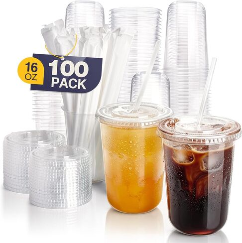 Fit Meal Prep 100 Pack 16 oz Round Bottom Clear Plastic Cups with Lids and Straws, Disposable Iced coffee cups with lids, BPA-Free To Go Cups for Smoothies, Party Drinks, Bubble Tea, Cold Beverage in Kuwait