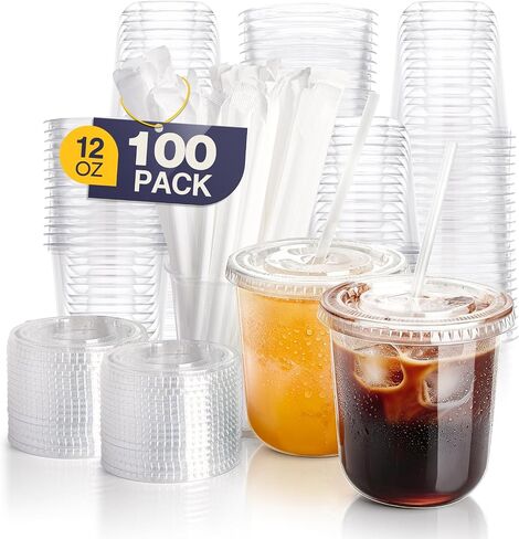 Fit Meal Prep 100 Pack 16 oz Round Bottom Clear Plastic Cups with Lids and Straws, Disposable Iced coffee cups with lids, BPA-Free To Go Cups for Smoothies, Party Drinks, Bubble Tea, Cold Beverage in Kuwait
