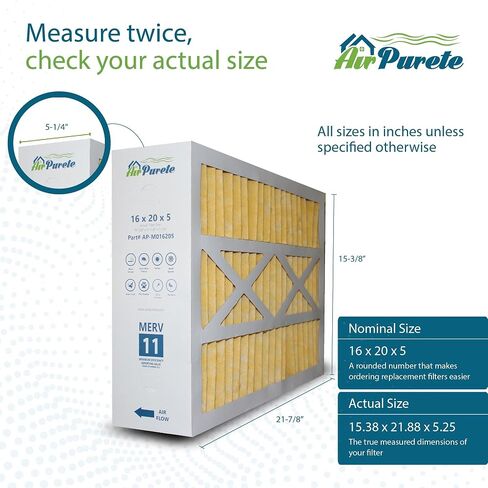 فلتر هواء AirPurete 16x20x5 MERV 11، بديل لـ M0-1056، مرشحات فرن HVAC مطوية لـ Amana، Broan، Carrier والمزيد (الحجم الفعلي: 15-3/8" x 21-7/8" x 5-1/4") | حزمة من 1 in Kuwait