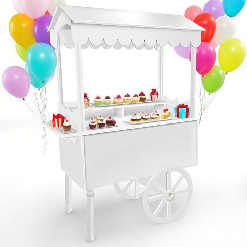 Drexo Candy Cart Display Stand for Party, Dessert Cake Cart Stand with Wheels, Vintage Dessert Display Stand Decoration Cart with 100 Balloons for Parties, Birthdays Weddings (WHITE) in Saudi Arabia
