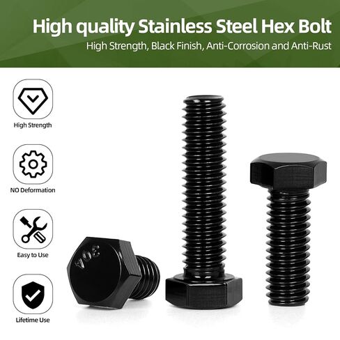 25 PCS M8 x 10mm Hex Head Screw Bolt, Stainless Hex Bolts, Full Thread, 18-8 Stainless Steel (304), Black Coating in Kuwait
