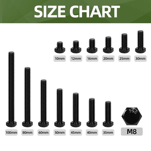 25 PCS M8 x 10mm Hex Head Screw Bolt, Stainless Hex Bolts, Full Thread, 18-8 Stainless Steel (304), Black Coating in Kuwait
