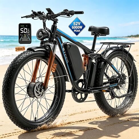 E·Bycco 6000W Peak دراجة كهربائية ذات محرك مزدوج للبالغين، بطارية 52V 32AH، سريعة 45-50 MPH و100Miles طويلة المدى EBike، تعليق كامل، فرامل هيدروليكية، 24 بوصة/26 بوصة إطار سميك دراجة إلكترونية جبلية للطرق الوعرة in Kuwait