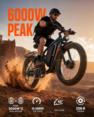 E·Bycco 6000W Peak دراجة كهربائية ذات محرك مزدوج للبالغين، بطارية 52V 32AH، سريعة 45-50 MPH و100Miles طويلة المدى EBike، تعليق كامل، فرامل هيدروليكية، 24 بوصة/26 بوصة إطار سميك دراجة إلكترونية جبلية للطرق الوعرة in Kuwait