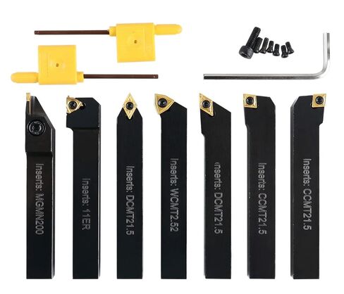 7 Pieces Carbide Turning Tool Set Indexable Lathe Turning Tool-1/2" Shank Metal Lathe Tools Holder for Turning Grooving Threading with Tin Coated Carbide Inserts Turning Insert in Kuwait