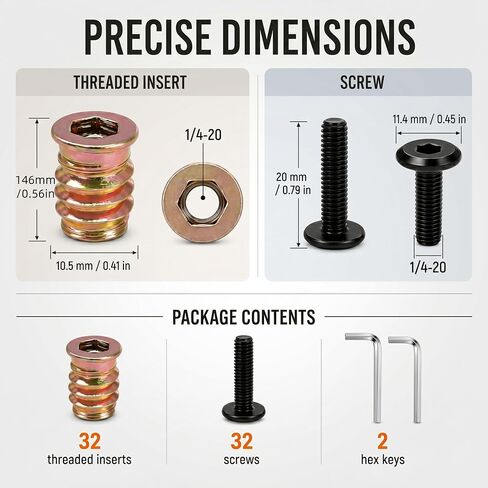 32 Sets Threaded Inserts for Wood with Bolts, 1/4-20 Furniture Insert Nuts Kit, Heavy Duty Screw Inserts for Wood, Metal Threaded Inserts for Furniture Repair, Bed Frame, Chairs, Cabinets in Kuwait