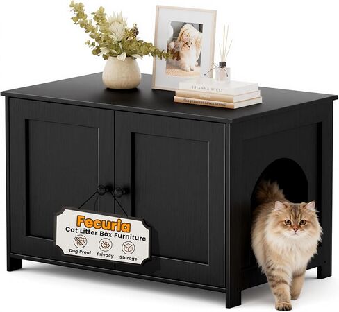 Cat Litter Box Enclosure Furniture Dog Proof, Hidden Kitty Washroom Cabinet Low Entry, Wooden Cat Boxes Enclosure Odor Control for Home, Farmhouse Style Decorative TV Stand with Storage, Black in Saudi Arabia