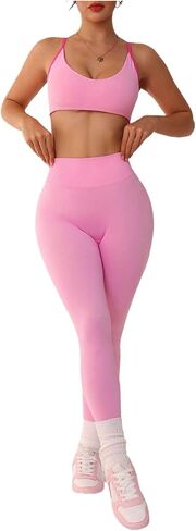 SweatyRocks Women's 2 Piece Seamless Workout Sets Backless Crop Top But Lifting Leggings Yoga Outfits in Kuwait