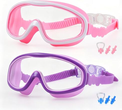 2 Pack Kids Swim Goggles for Girls Ages 3-15, Anti-Fog UV Protection Waterproof Swimming Goggles, Leakproof Wide View Pool Goggles with Adjustable Strap, Ear Plugs and Nose Clip, (Pink+ Purple) in Kuwait