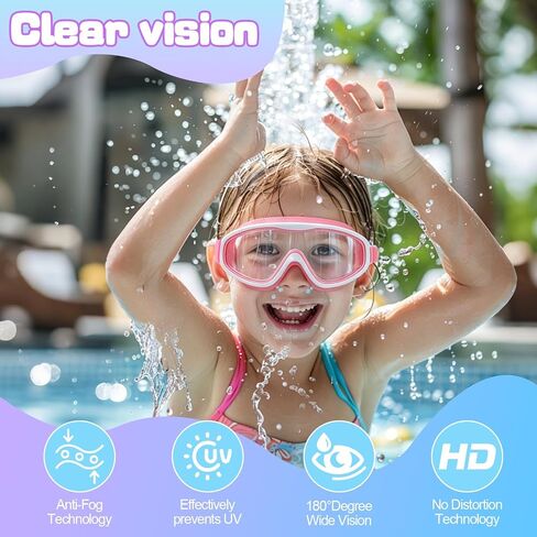 2 Pack Kids Swim Goggles for Girls Ages 3-15, Anti-Fog UV Protection Waterproof Swimming Goggles, Leakproof Wide View Pool Goggles with Adjustable Strap, Ear Plugs and Nose Clip, (Pink+ Purple) in Kuwait