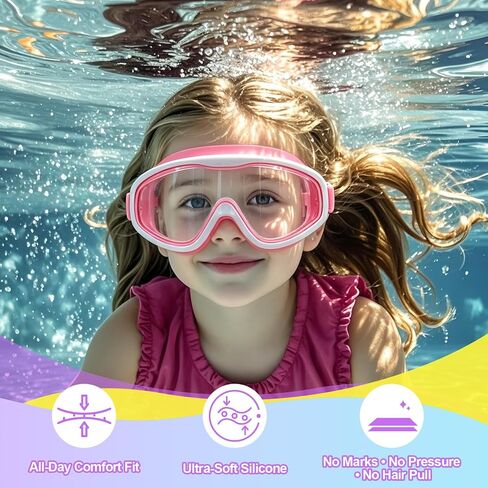 2 Pack Kids Swim Goggles for Girls Ages 3-15, Anti-Fog UV Protection Waterproof Swimming Goggles, Leakproof Wide View Pool Goggles with Adjustable Strap, Ear Plugs and Nose Clip, (Pink+ Purple) in Kuwait