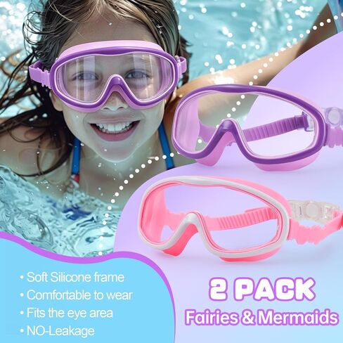 2 Pack Kids Swim Goggles for Girls Ages 3-15, Anti-Fog UV Protection Waterproof Swimming Goggles, Leakproof Wide View Pool Goggles with Adjustable Strap, Ear Plugs and Nose Clip, (Pink+ Purple) in Kuwait