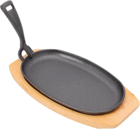 Small Cast Iron Sizzling Plate with Wooden Tray and Handle - Perfect for Professional Chefs in Kuwait