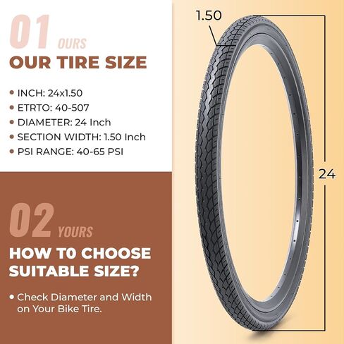 2 PCS 24x1.50 Bike Tires, Durable Folding 24 Inch 40-507 24x1.50 Road Bicycle Tires, Replacement Bike Tires for Road Cruiser Bicycle, Clincher（M-066） in Kuwait